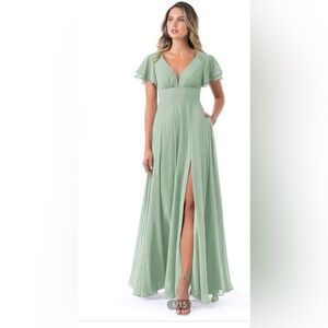 NWT Azazie Ashika size 10 agave green chiffon bridesmaid dress prom modest gown